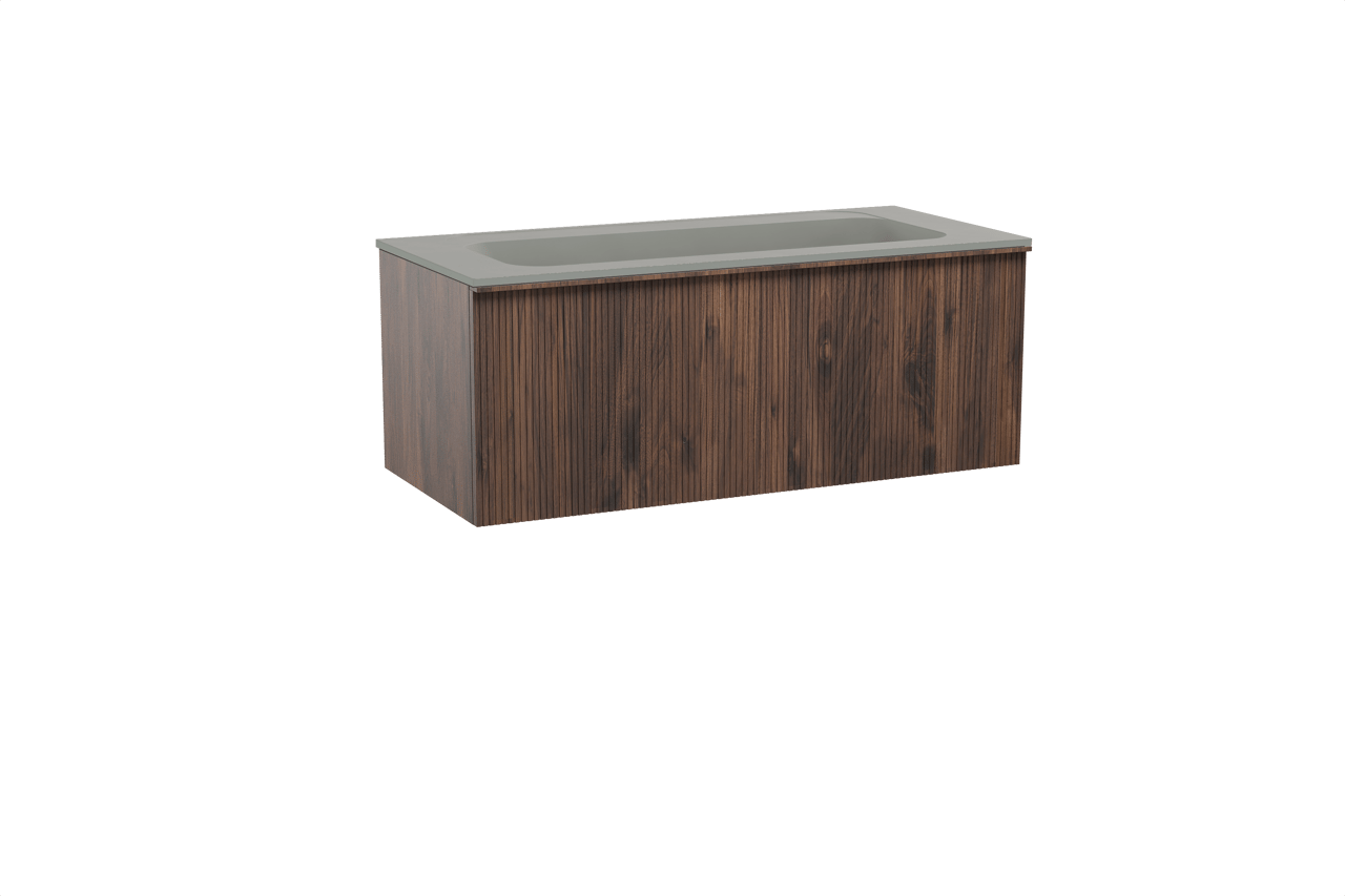 Balmani Forma hängendes Möbelstück Set: 120 x 55 cm, Amerikanischer Nussbaum, mit Tablo Strada Einzelwaschtisch für 2 Armaturenlöcher, Marmorkomposit, Seidengrau, Vertikale symmetrische gerade Rippe