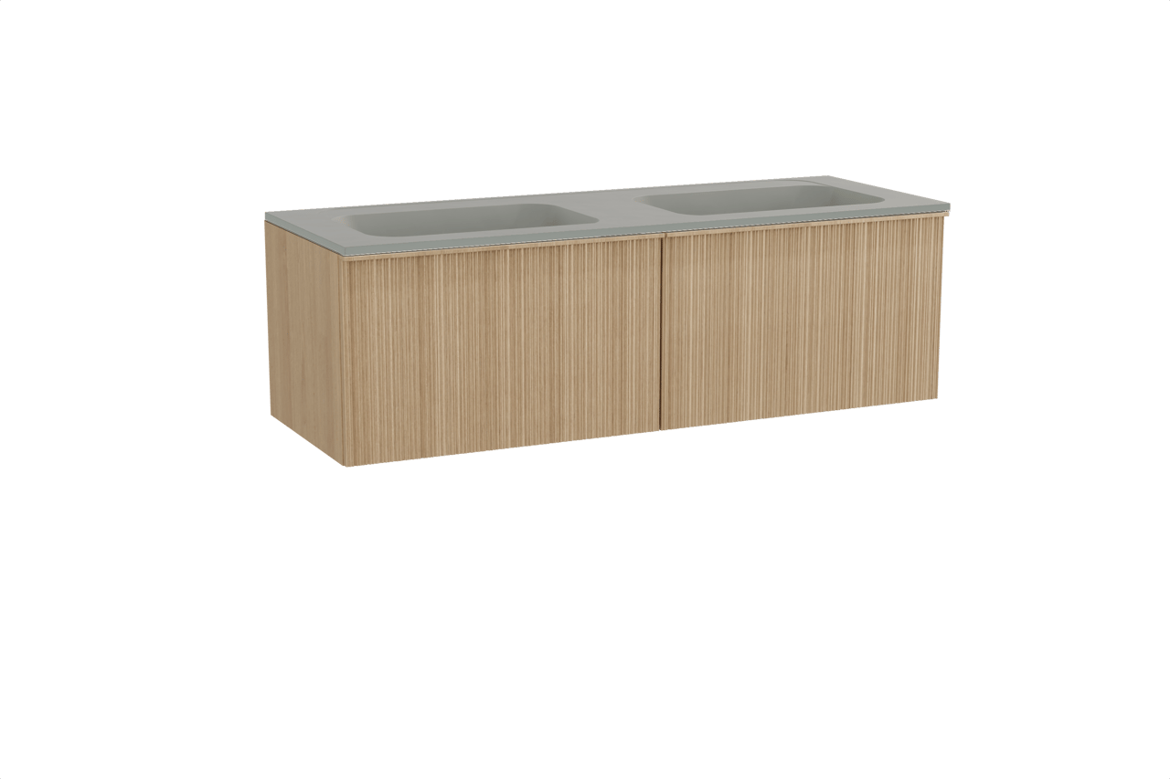 Balmani Forma zwevend badkamermeubel 150 x 55 cm natuur eik met Tablo Strada dubbele wastafel in composietmarmer zijdegrijs, Verticale asymmetrische ronde ribbel