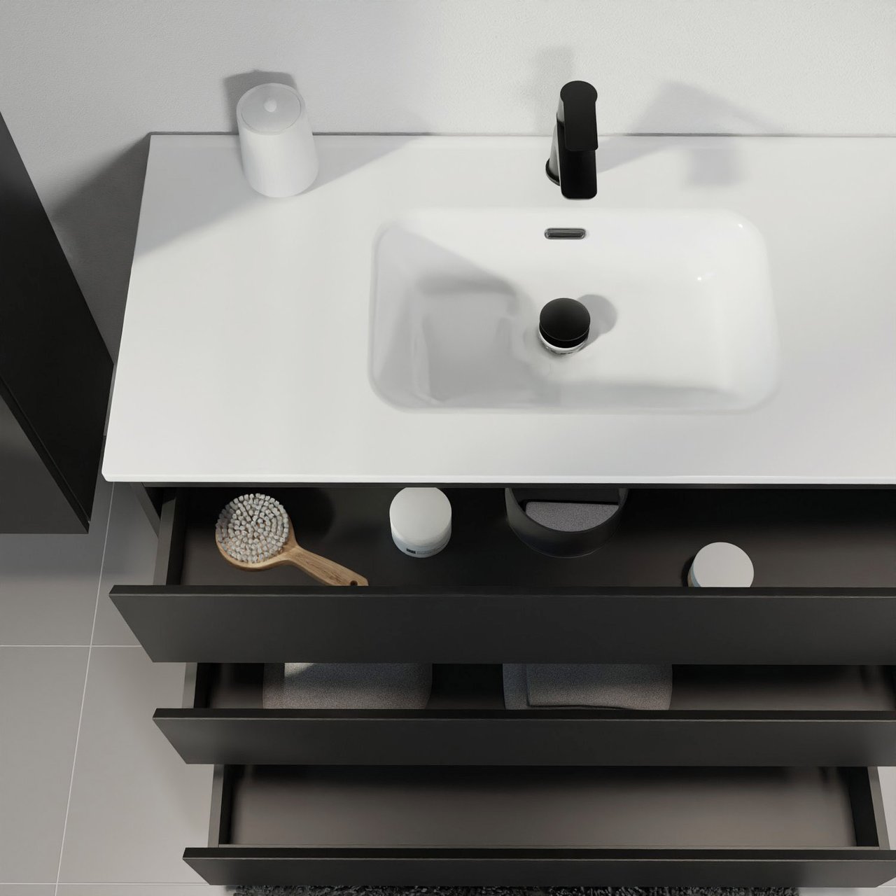 Linie Lado staand badkamermeubel 80 x 46 cm mat zwart met Baro enkele wastafel in porselein glanzend wit