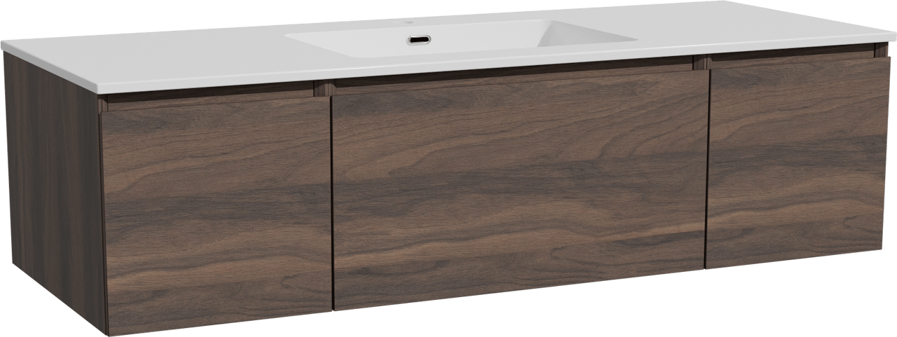 Storke Edge zwevend badmeubel 135 x 52 cm notenhout met Diva enkele wastafel in composietmarmer hoogglans wit