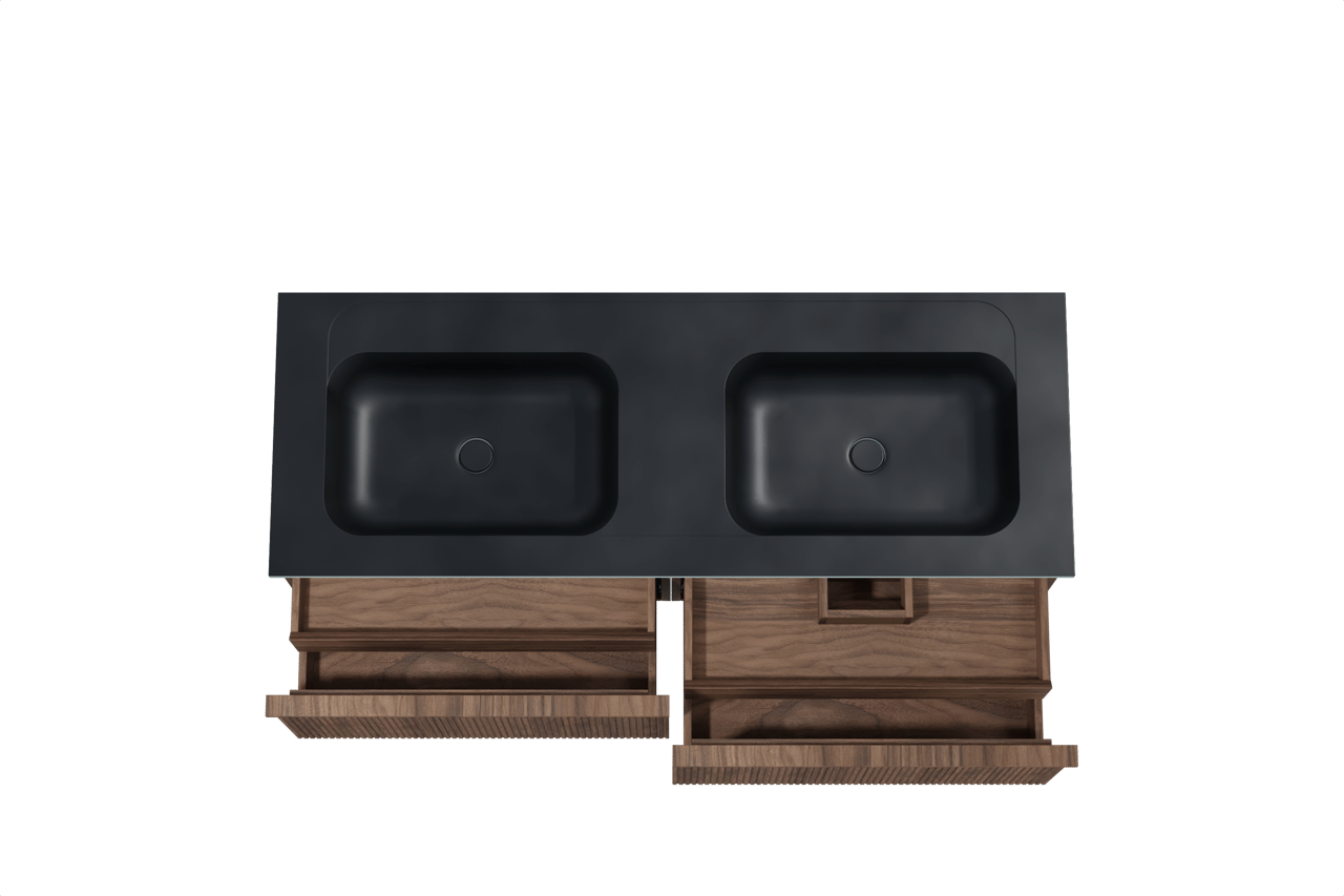 Balmani Forma hängendes Möbelstück Set: 150 x 55 cm, Amerikanischer Nussbaum, mit Tablo Strada Doppelwaschtisch, Marmorkomposit, Schwarz matt, Vertikale symmetrische gerade Rippe