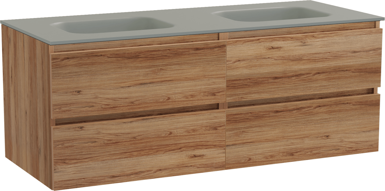 Balmani Lucida meuble salle de bains suspendu 135 x 55 cm teck avec Tablo Arcato double vasque en solid surface gris pierre