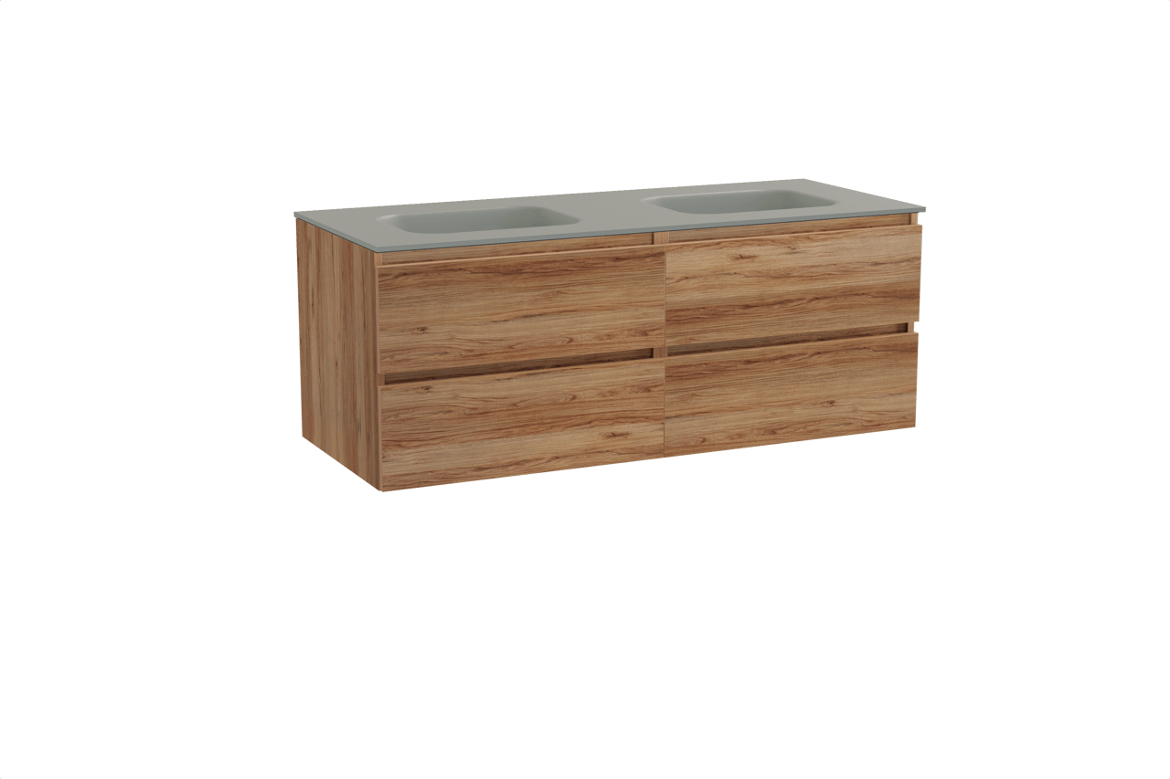 Balmani Lucida hängendes Möbelstück Set: 135 x 55 cm, Teak, mit Tablo Arcato Doppelwaschtisch, Solid Surface Steingrau