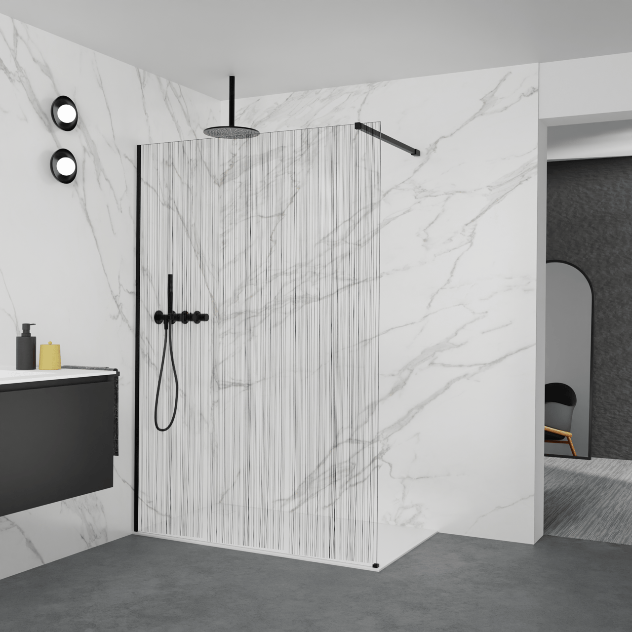 Balmani Modular Walk-In Dusche: 140 x 200 cm, Mikado, Profil Schwarz matt