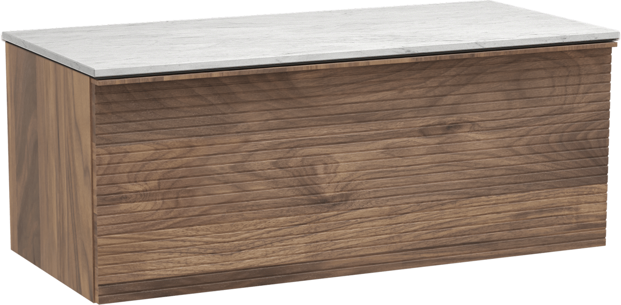 Balmani Forma zwevend badmeubel 120 x 55 cm amerikaans notenhout met Stretto enkel of dubbel wastafelblad in marmer carrara, Horizontale symmetrische rechte ribbel