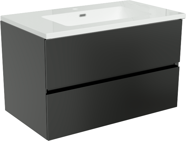 Storke Edge hängendes Möbelstück Set: 80 x 46 cm, Schwarz matt, mit Diva Einzelwaschtisch, Marmorkomposit Weiß glänzend