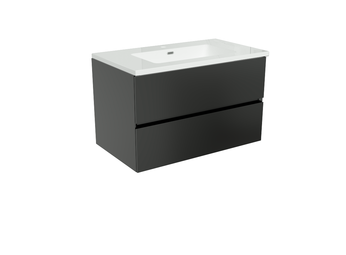 Storke Edge meuble salle de bains suspendu 80 x 46 cm noir mat avec Diva plan simple en marbre composite blanc brillant