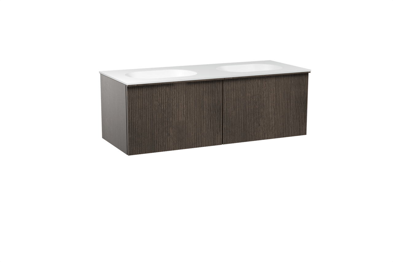 Balmani Forma hängendes Möbelstück Set: 135 x 55 cm, Geräucherte Eiche, mit Tablo Oval Doppelwaschtisch, Solid Surface, Weiß matt, Vertikale symmetrische gerade Rippe