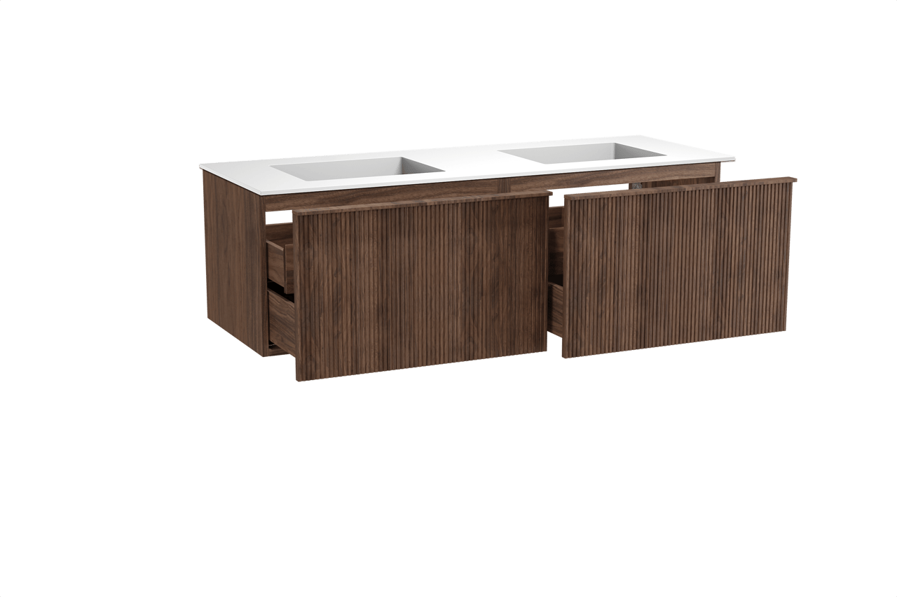 Balmani Forma meuble salle de bains suspendu 150 x 55 cm noyer américain avec Tablo Stretto double vasque en solid surface blanc mat, Nervure droite symétrique verticale