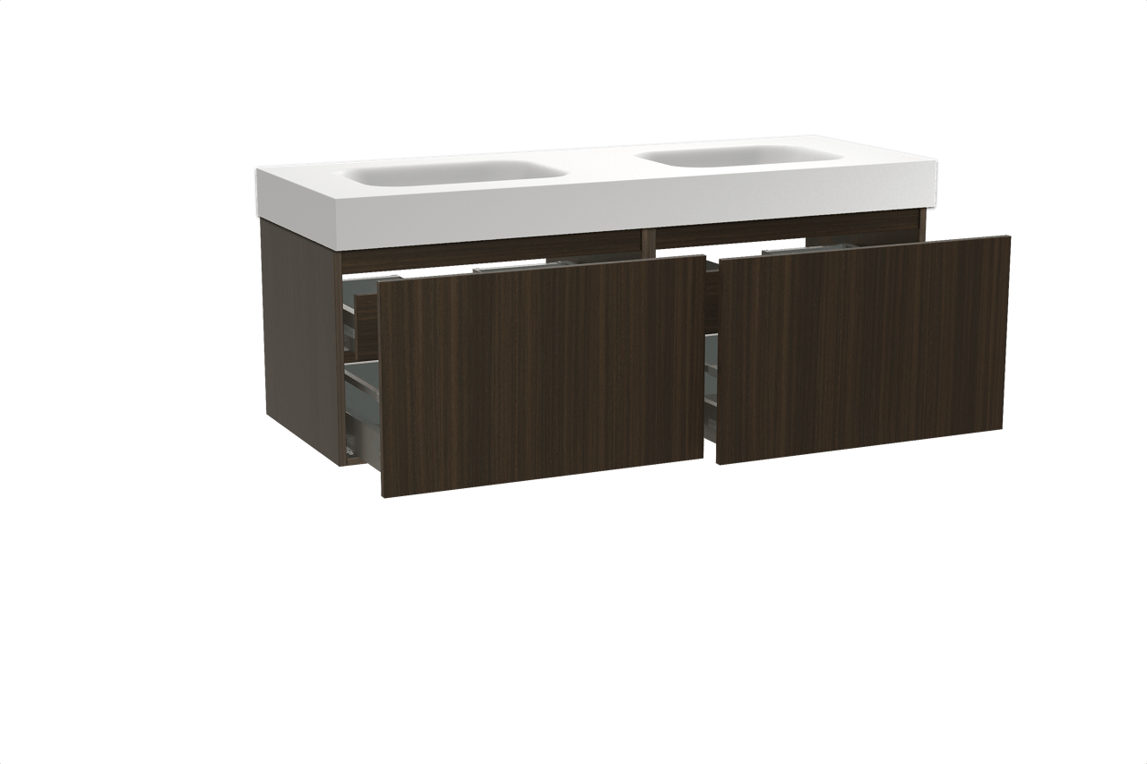 Balmani Sfera hängendes Möbelstück Set: 150 x 55 cm, Eucalyptus, mit Arcato Doppelwaschtisch, Solid Surface Weiß matt