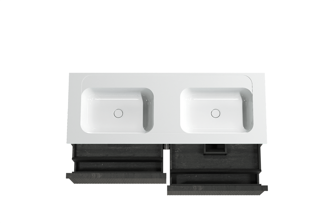 Balmani Forma hängendes Möbelstück Set: 150 x 55 cm, Schwarze Eiche, mit Tablo Strada Doppelwaschtisch, Marmorkomposit, Weiß glänzend, Vertikale symmetrische gerade Rippe
