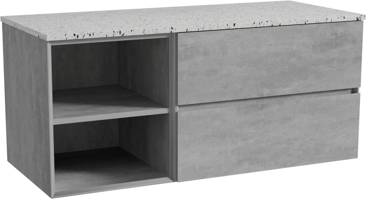 Storke Edge hängendes Möbelstück Set: 120 x 52 cm, Beton dunkelgrau, mit Tavola Einzel- oder Doppel Waschtischplatte, Terrazzo in Weiß/Schwarz matt