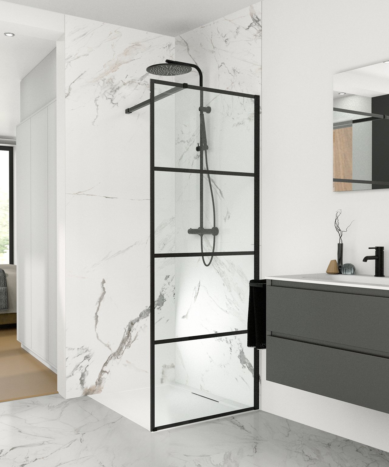 Balmani Modular douche à l'italienne 80 x 200 cm verre lined profil noir mat