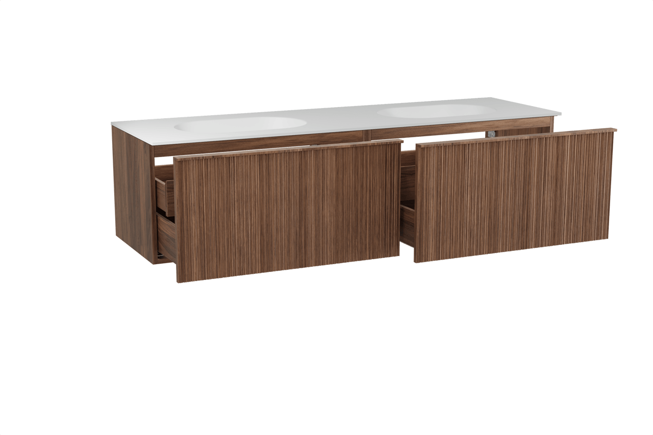 Balmani Forma zwevend badmeubel 180 x 55 cm amerikaans notenhout met Tablo Oval dubbele wastafel in solid surface mat wit, Verticale asymmetrische ronde ribbel