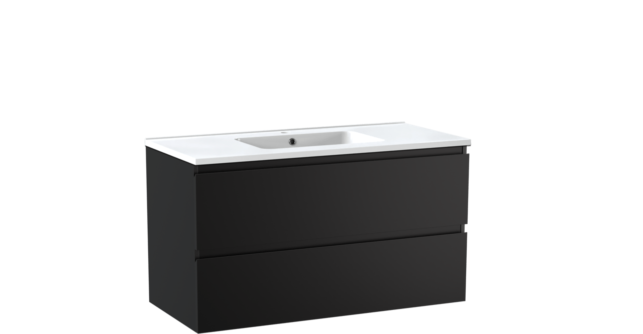Linie Lado hängendes Möbelstück Set: 100 x 46 cm, Schwarz matt, mit Vano Einzelwaschtisch, Marmorkomposit Weiß glänzend