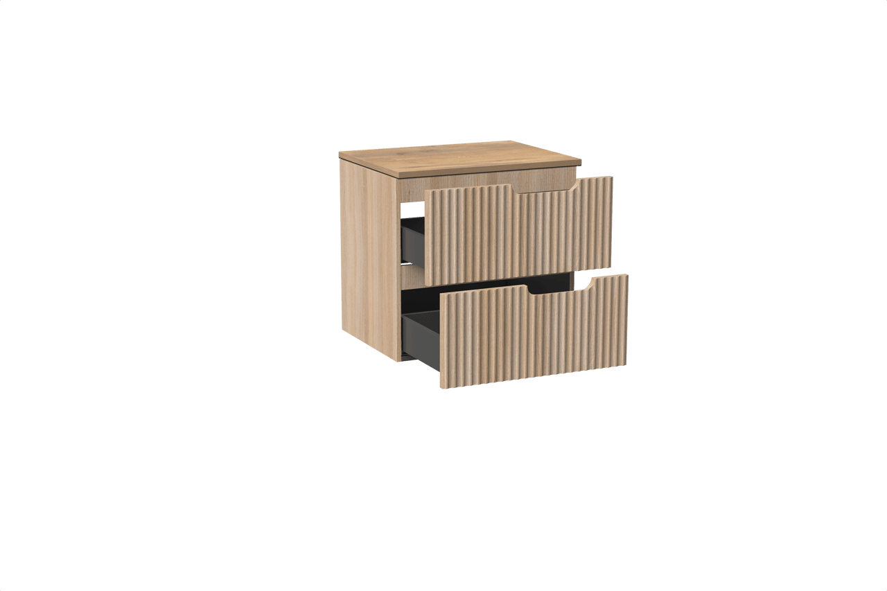 Linie Ribbo zwevend badkamermeubel 60 x 46 cm lichte eik met Lado enkel tablet in melamine natuur eik, Verticale symmetrische ronde ribbel