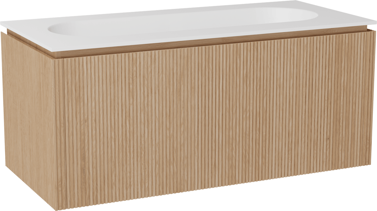 Balmani Eclips hängendes Möbelstück Set: 120 x 55 cm, Eiche Natur, mit Tablo Oval Einzelwaschtisch mit 2 Bohrungen Solid Surface Weiβ matt, Vertikale symmetrische gerade Rippe