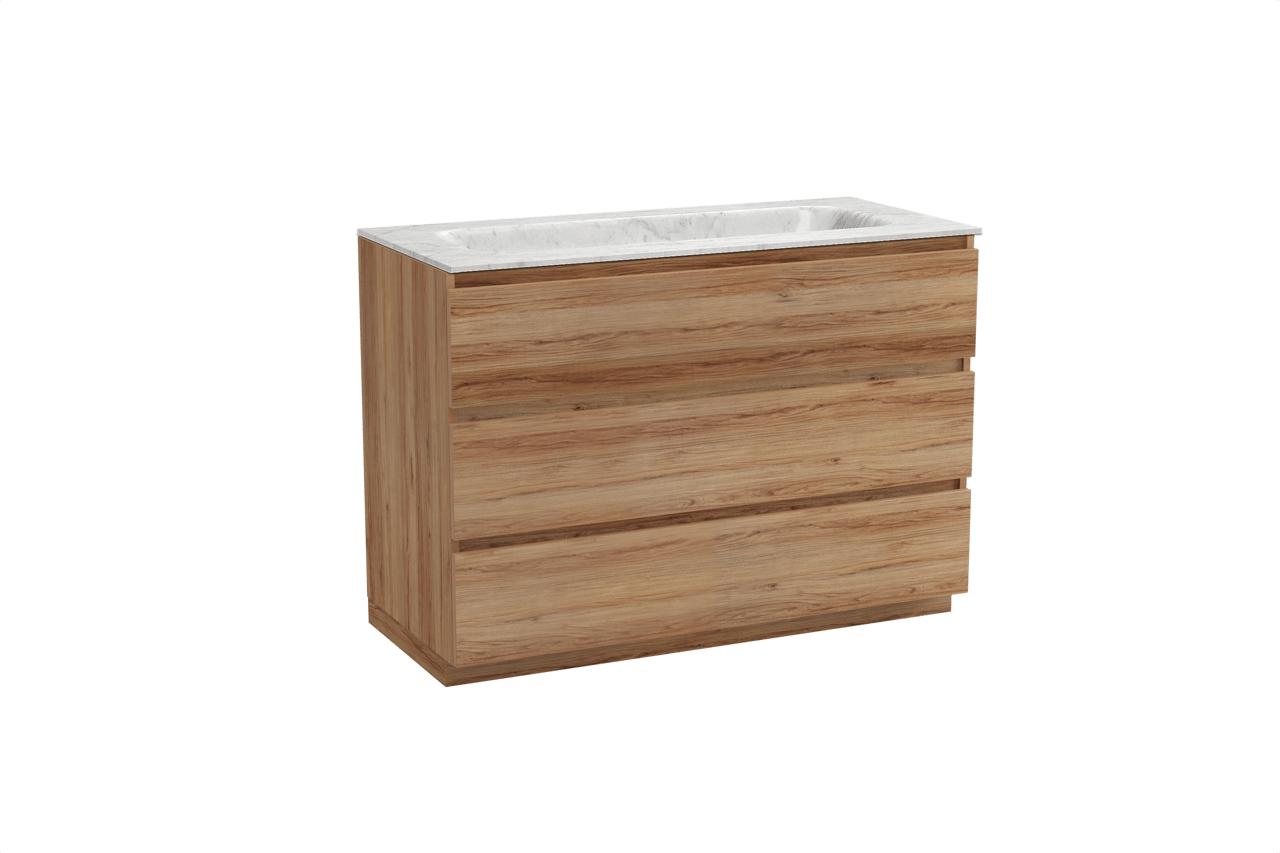 Balmani Lucida freistehendes Möbelstück Set: 120 x 55 cm, Teak, mit Tablo Arcato Einzelwaschtisch, Marmor Carrara