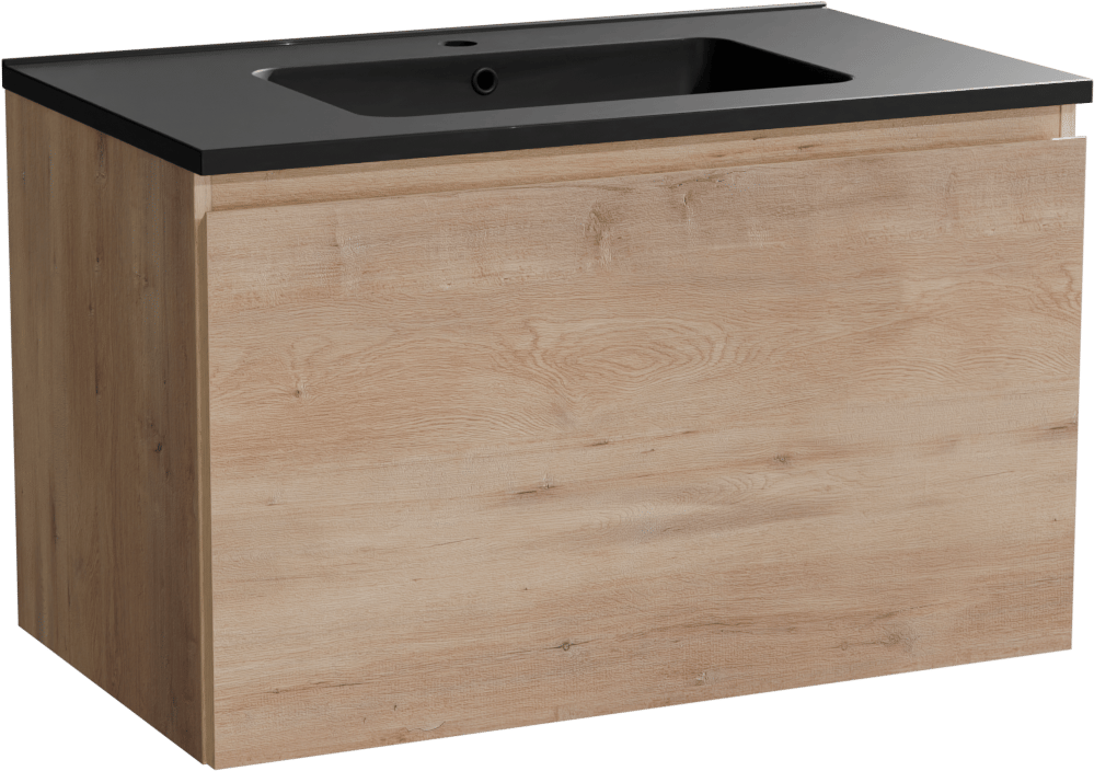 Linie Lado meuble salle de bains suspendu 80 x 46 cm chêne naturel avec Vano plan simple en marbre composite noir mat