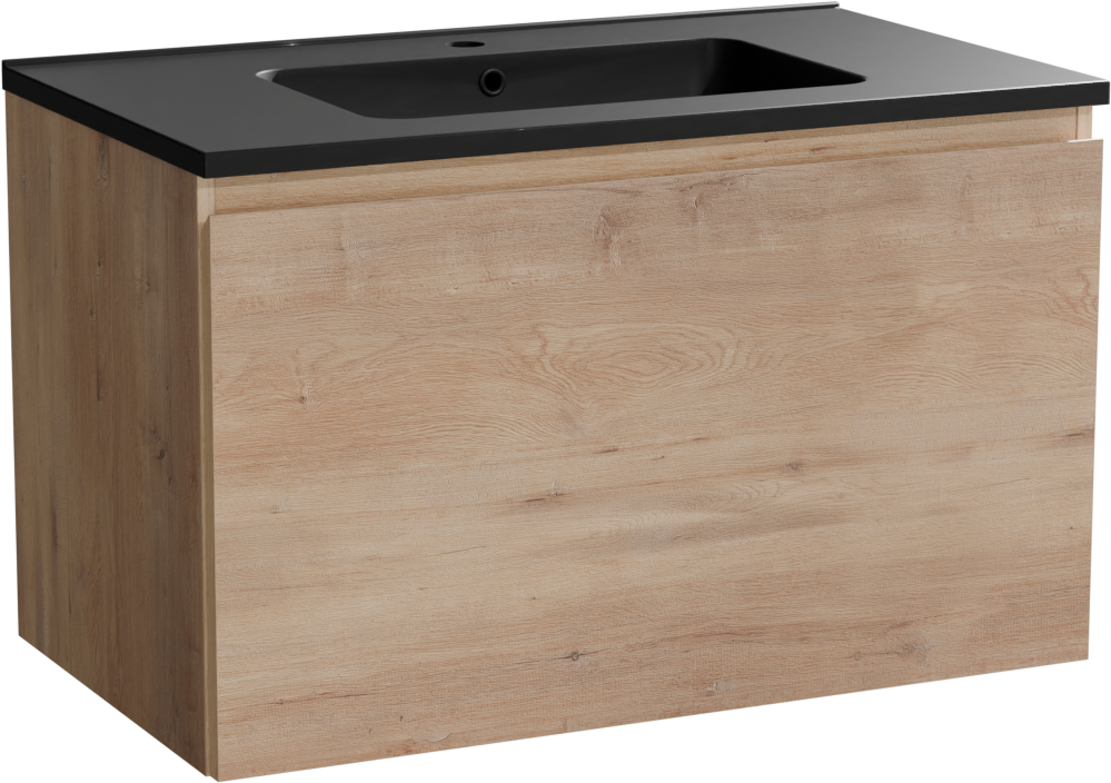 Linie Lado meuble salle de bains suspendu 80 x 46 cm chêne naturel avec Vano plan simple en marbre composite noir mat