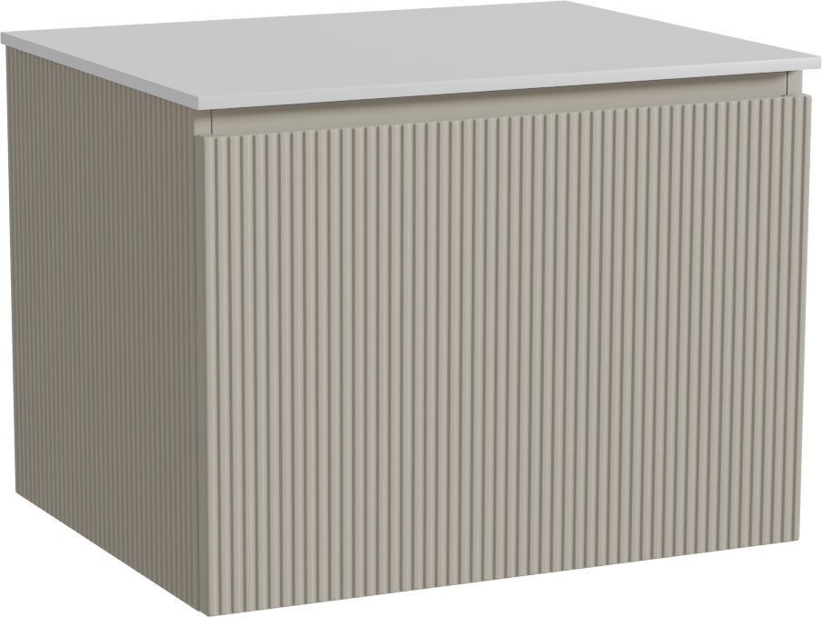 Storke Ribs zwevend badmeubel 65 x 52 cm zijdegrijs met Tavola enkel wastafelblad in solid surface mat wit, Verticale symmetrische rechte ribbel