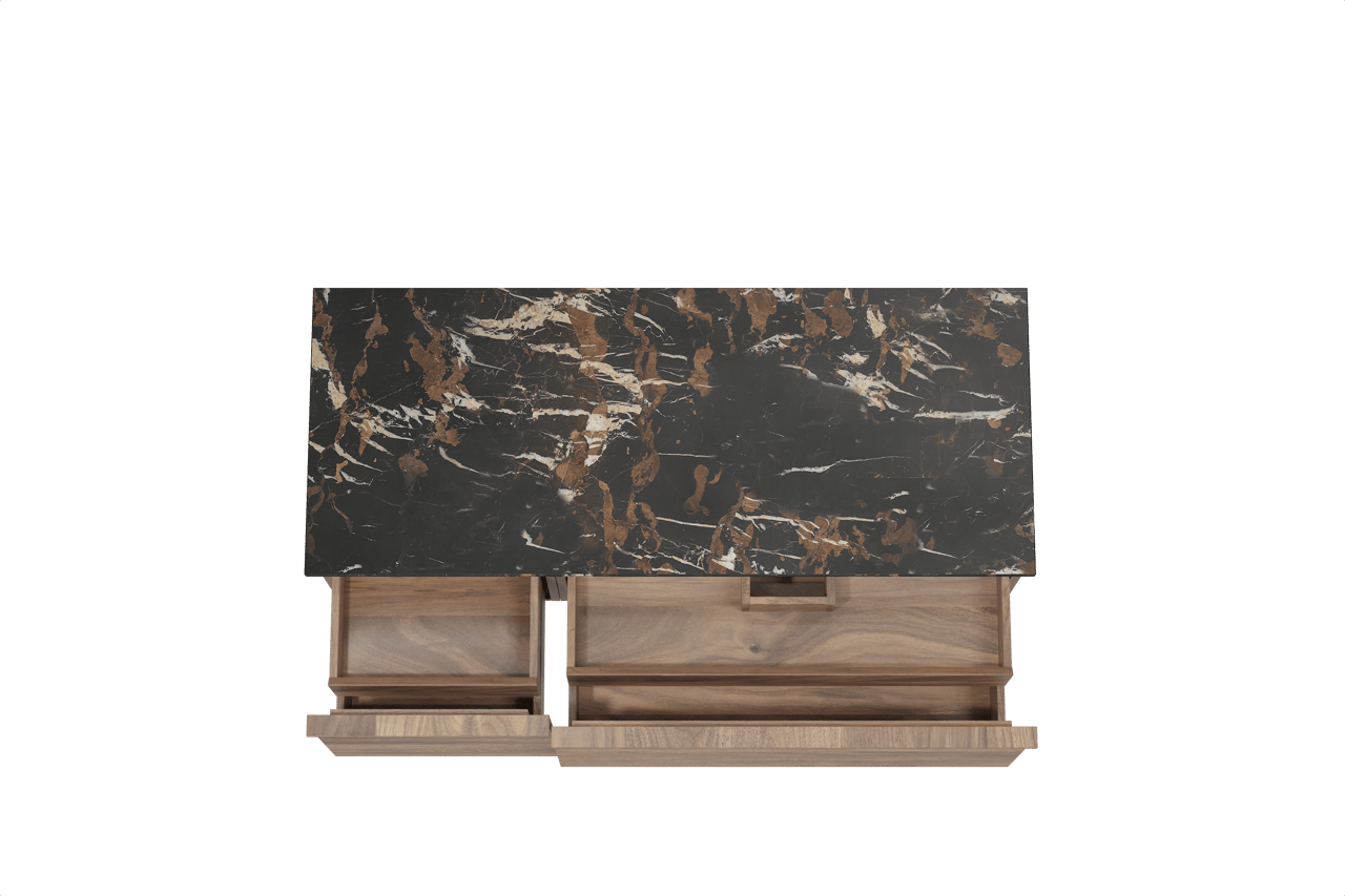 Balmani Forma hängendes Möbelstück Set: 135 x 55 cm, Amerikanischer Nussbaum, mit Stretto Einzel- oder Doppel Waschtischplatte, Marmor, Portoro Gold, Horizontale symmetrische gerade Rippe