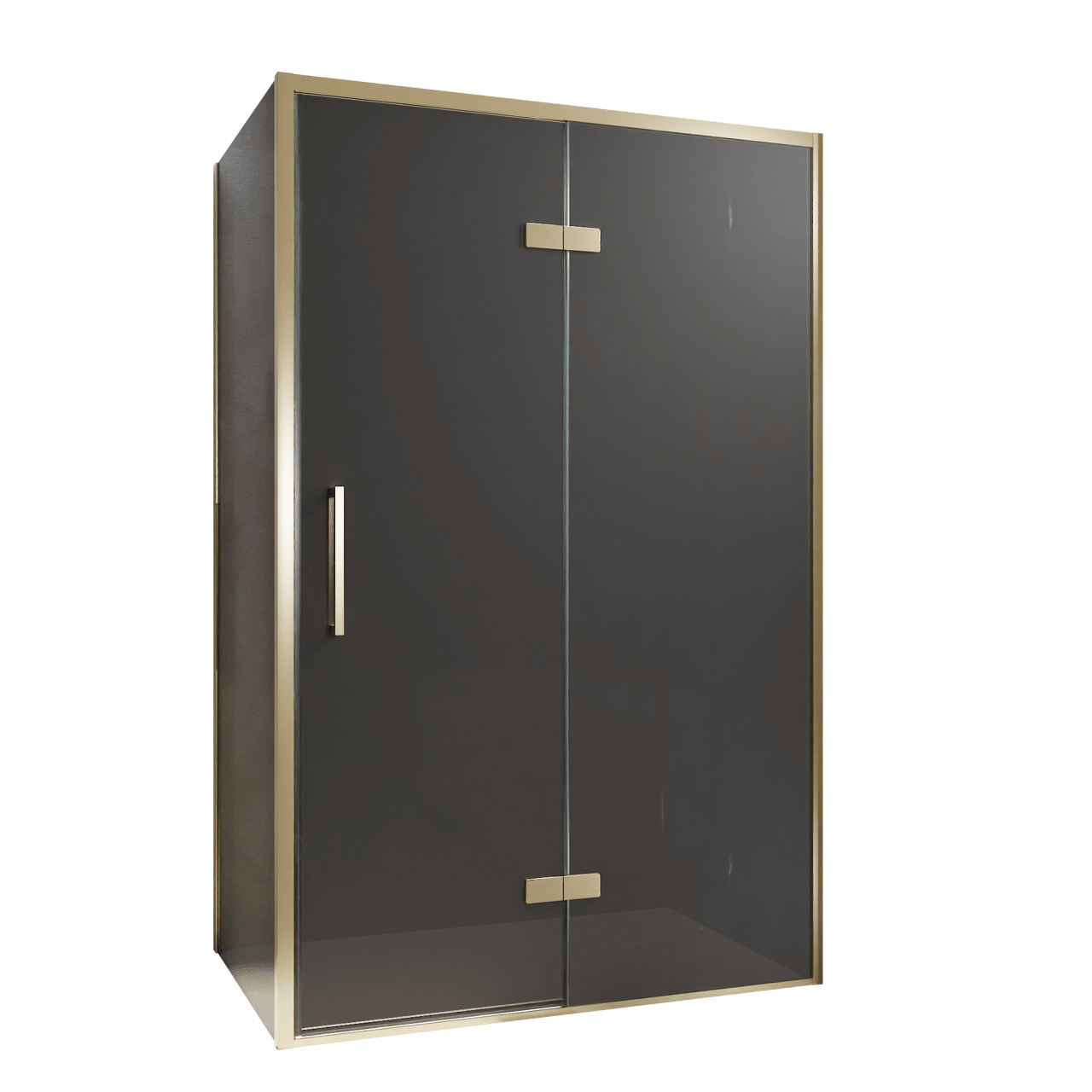 Balmani Senses Design Eckdusche: Drehtür (Rechts) mit fixierte Seitenwand, 120 x 100 cm, Rauchglas, Profil Brushed Champagner Gold, inklusive Coating