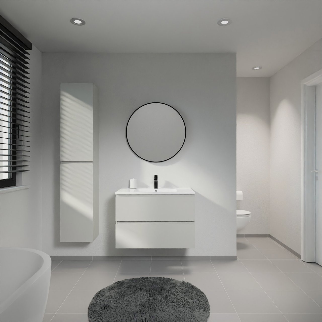 Linie Lado hängendes Möbelstück Set: 80 x 46 cm, Greige, mit Vano Einzelwaschtisch, Marmorkomposit Weiß glänzend