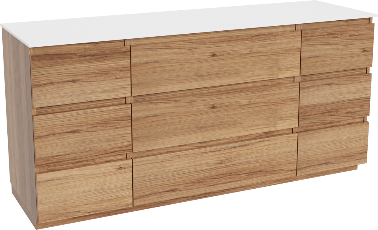 Balmani Lucida meuble salle de bains à poser 180 x 55 cm teck avec Stretto tablette simple ou double en solid surface blanc mat