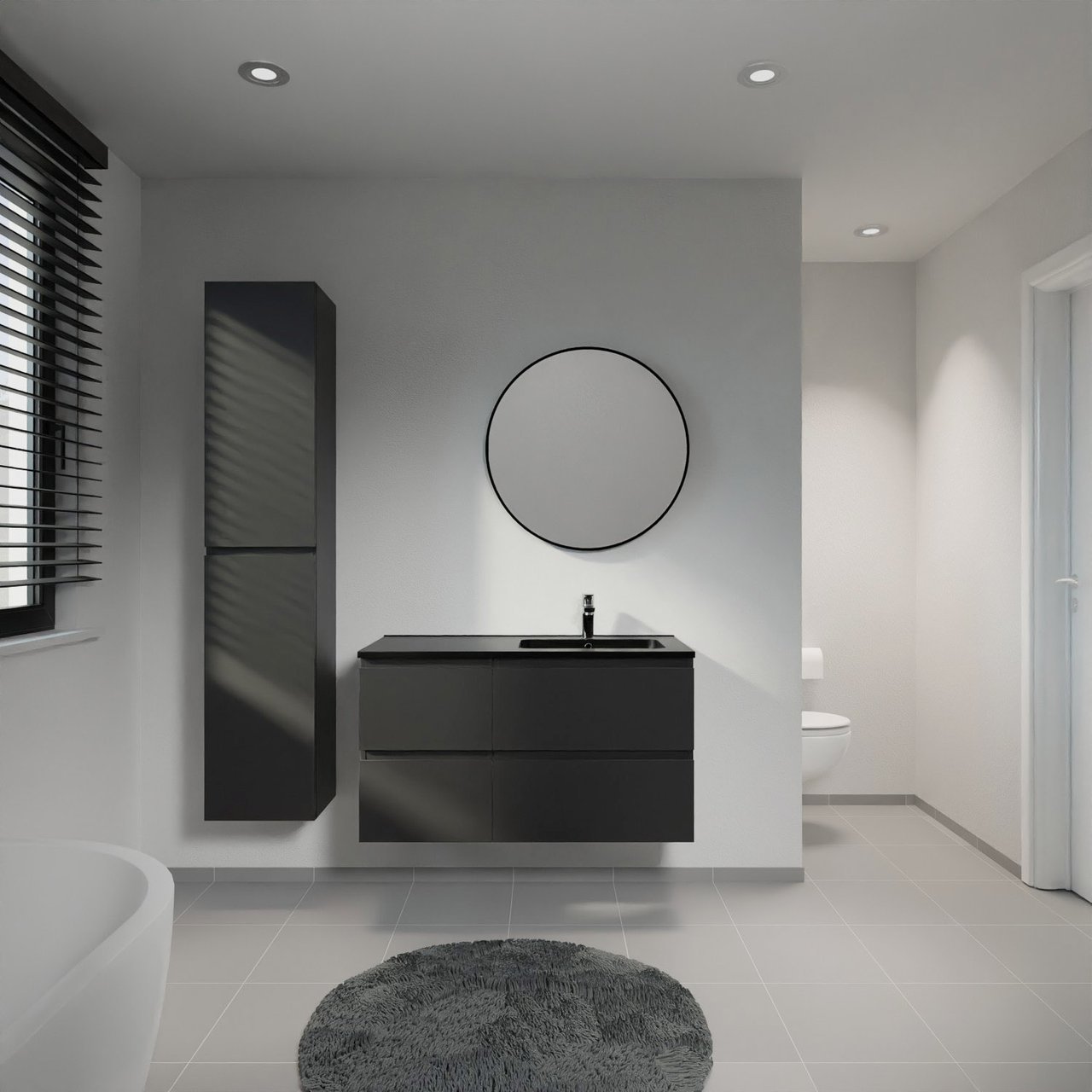 Linie Lado zwevend badkamermeubel 100 x 46 cm mat zwart met Vano asymmetrisch rechtse wastafel in composietmarmer mat zwart