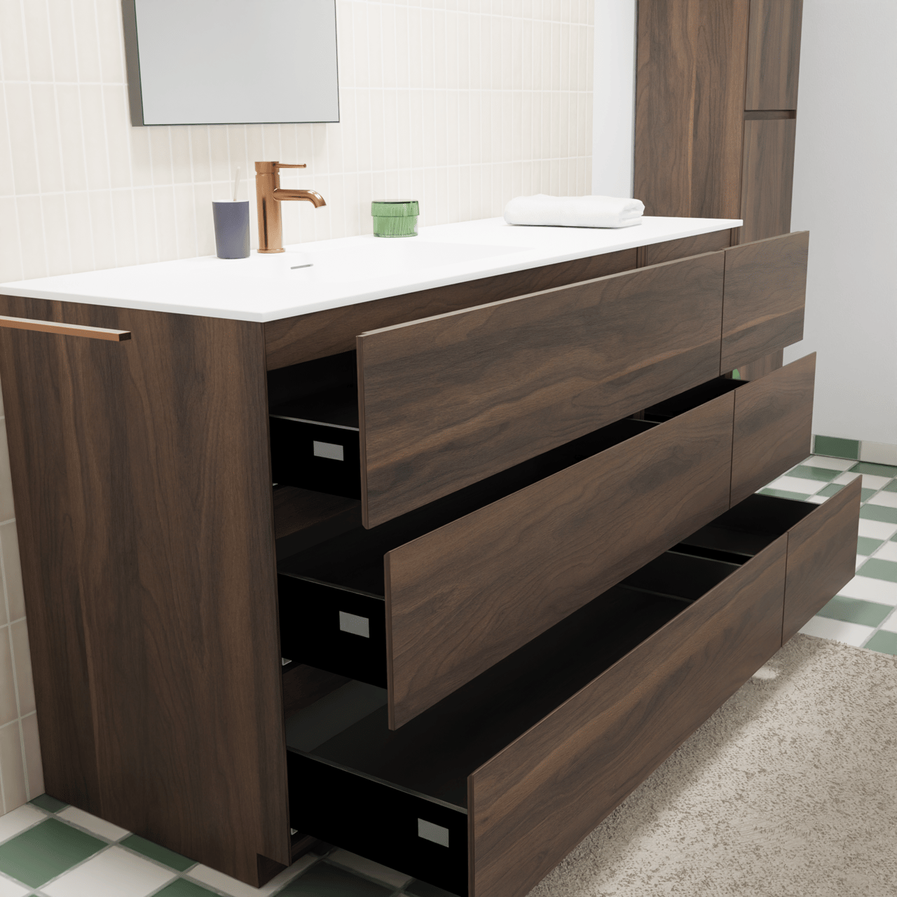 Storke Edge staand badmeubel 150 x 52 cm notenhout met Mata asymmetrisch linkse wastafel in solid surface mat wit