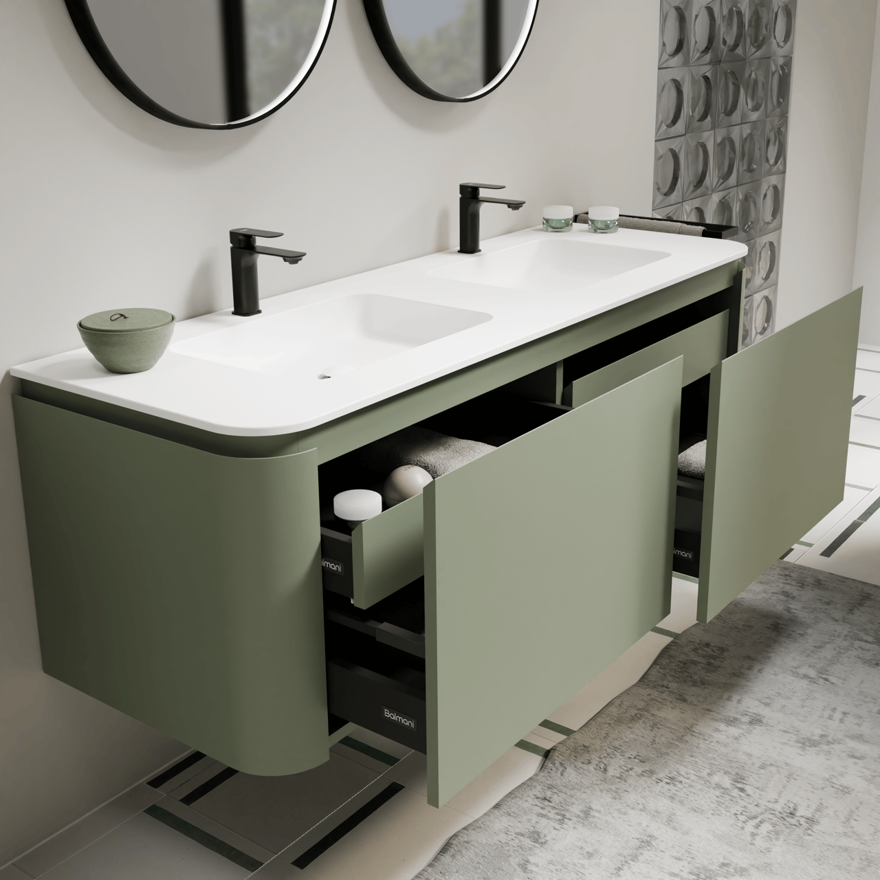 Balmani Moon hängendes Möbelstück Set: 160 x 55 cm, SalbeigrÃ¼n, mit Moon Doppelwaschtisch, Solid Surface Weiß matt