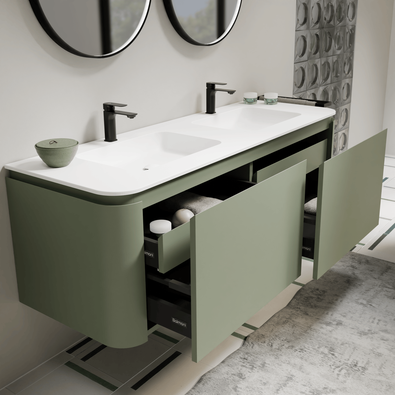 Balmani Moon zwevend badkamermeubel 160 x 55 cm saliegroen met Moon dubbele wastafel in solid surface mat wit