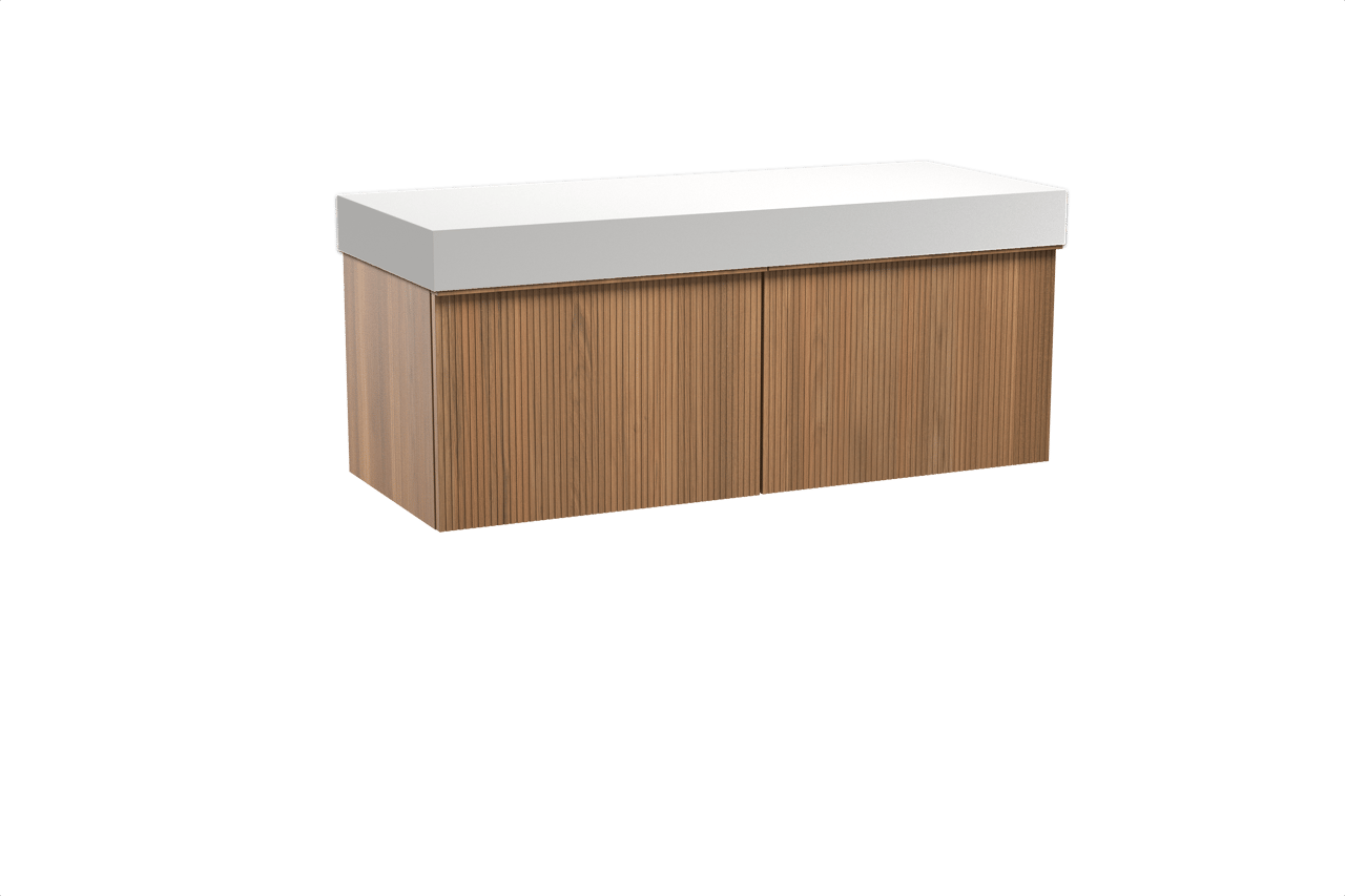 Balmani Forma meuble salle de bains suspendu 135 x 55 cm teck avec Dominus tablette simple ou double en solid surface blanc mat, Nervure droite symétrique verticale