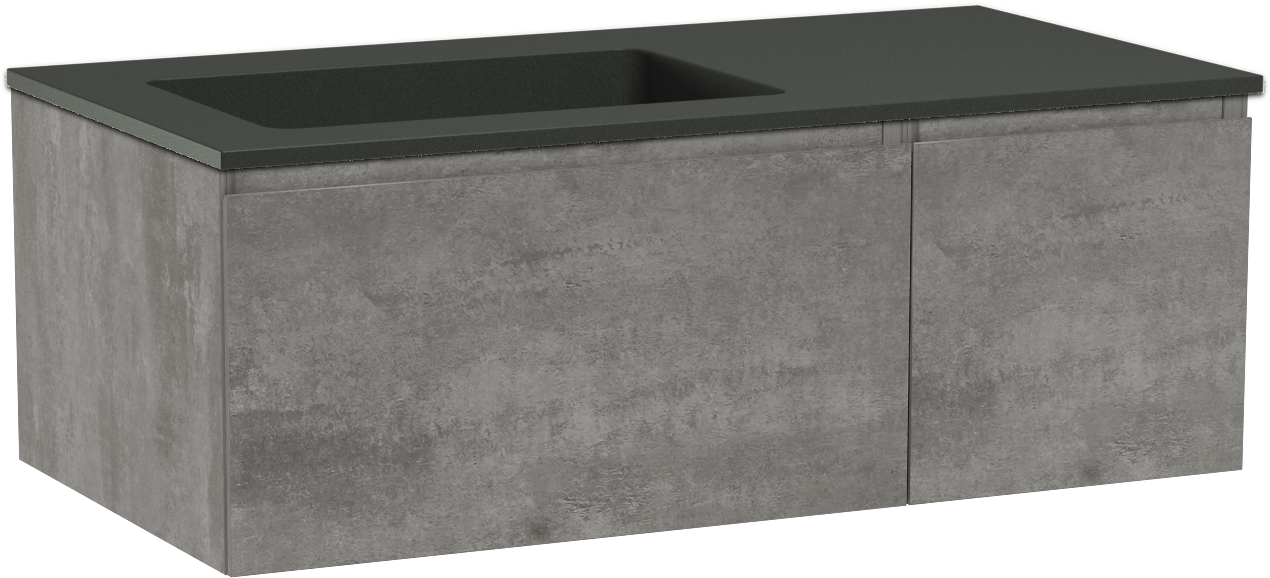 Storke Edge meuble salle de bains suspendu 100 x 52 cm béton gris foncé avec Scuro plan vasque asymétrique à gauche en quartz noir mat