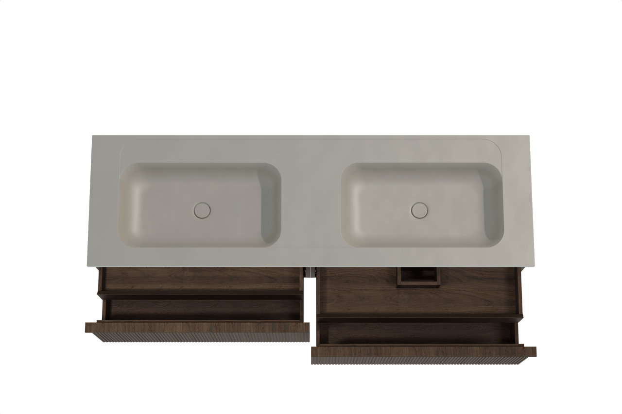 Balmani Forma meuble salle de bains suspendu 180 x 55 cm chêne fumé avec Tablo Strada double vasque en marbre composite soie grise, Nervure droite symétrique verticale