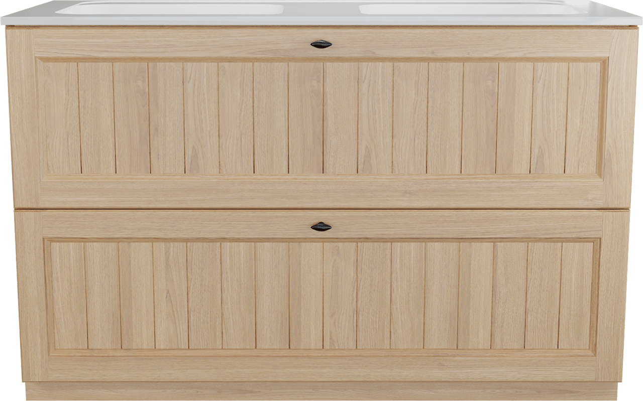 Balmani Lemon staand badkamermeubel 135 x 55 cm, fineer natuur eik met Tablo Strada dubbele wastafel in glanzend wit