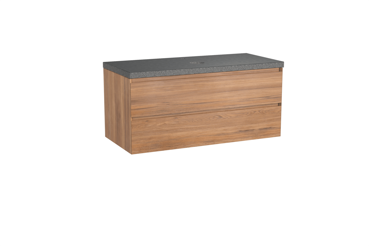 Balmani Mitra hängendes Möbelstück Set: 120 x 55 cm, Teak, mit Rock Einzel Waschtischplatte, Schwarzes Granit