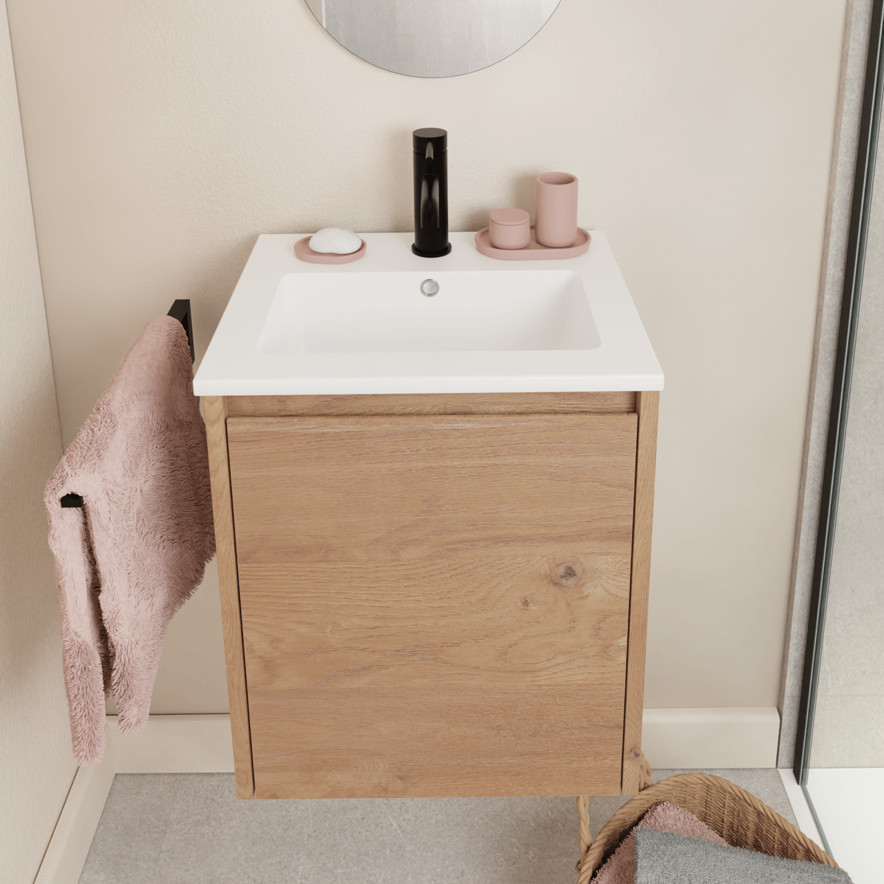 Storke Seda zwevend badkamermeubel 45 x 35 cm ruwe eik met Diva enkele wastafel in composietmarmer glanzend wit