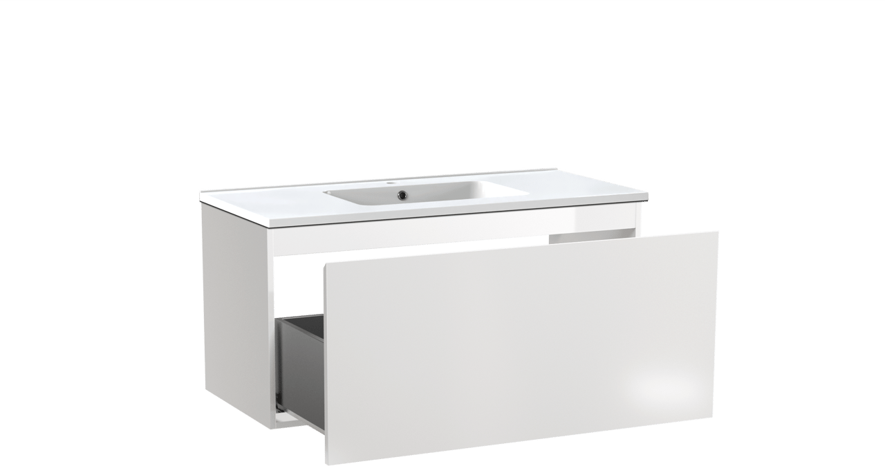 Linie Lado meuble salle de bains suspendu 100 x 46 cm blanc brillant avec Vano plan simple en marbre composite blanc brillant