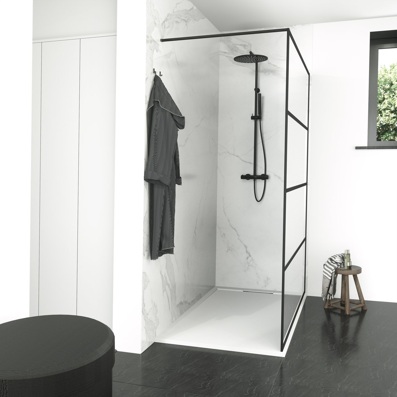 Balmani Framed inloopdouche 160 x 210 cm lined glas mat zwart profiel