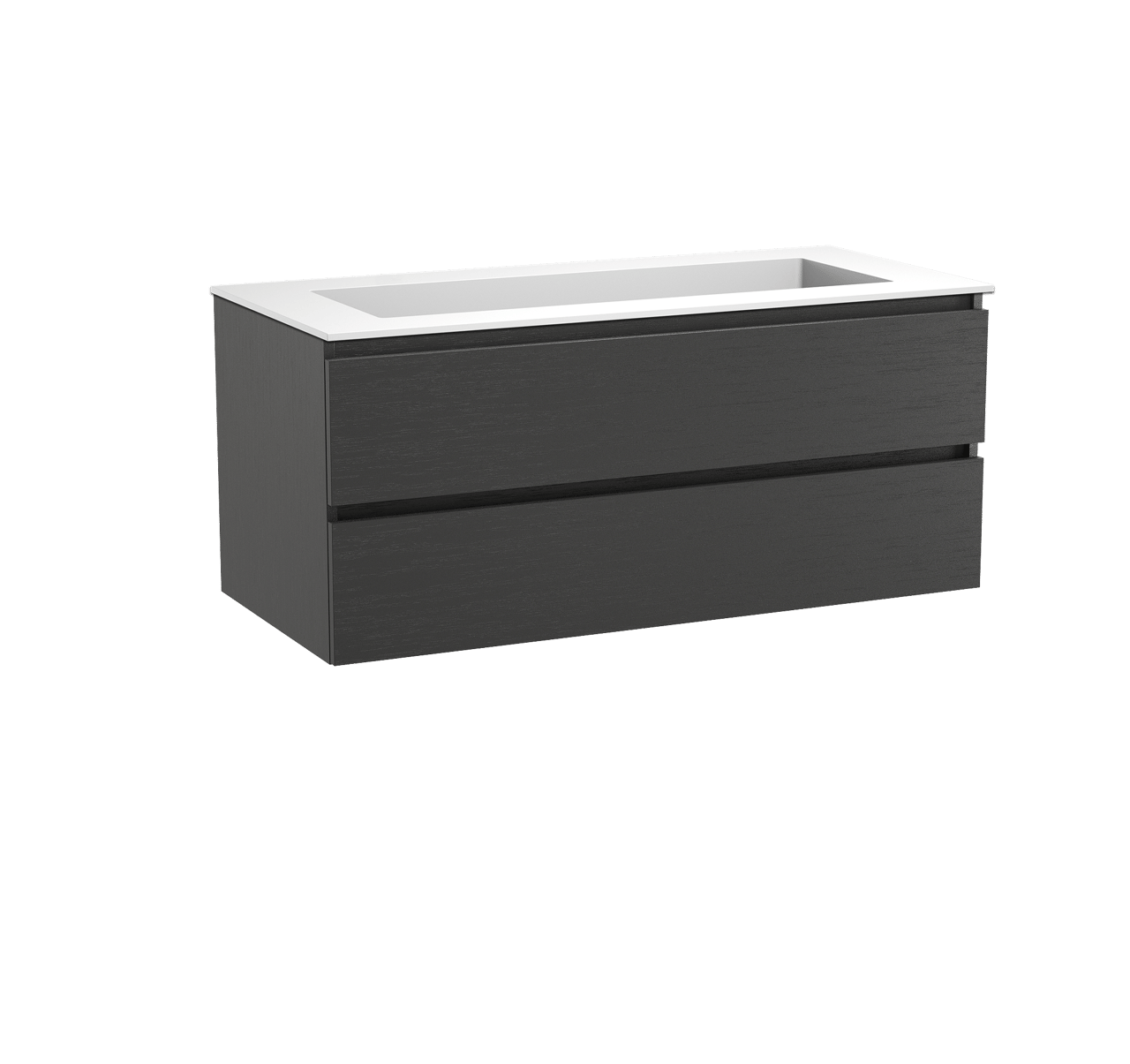 Balmani Lucida hängendes Möbelstück Set: 120 x 55 cm, Schwarze Eiche, mit Tablo Stretto Einzelwaschtisch für 2 Armaturenlöcher, Solid Surface Weiß matt