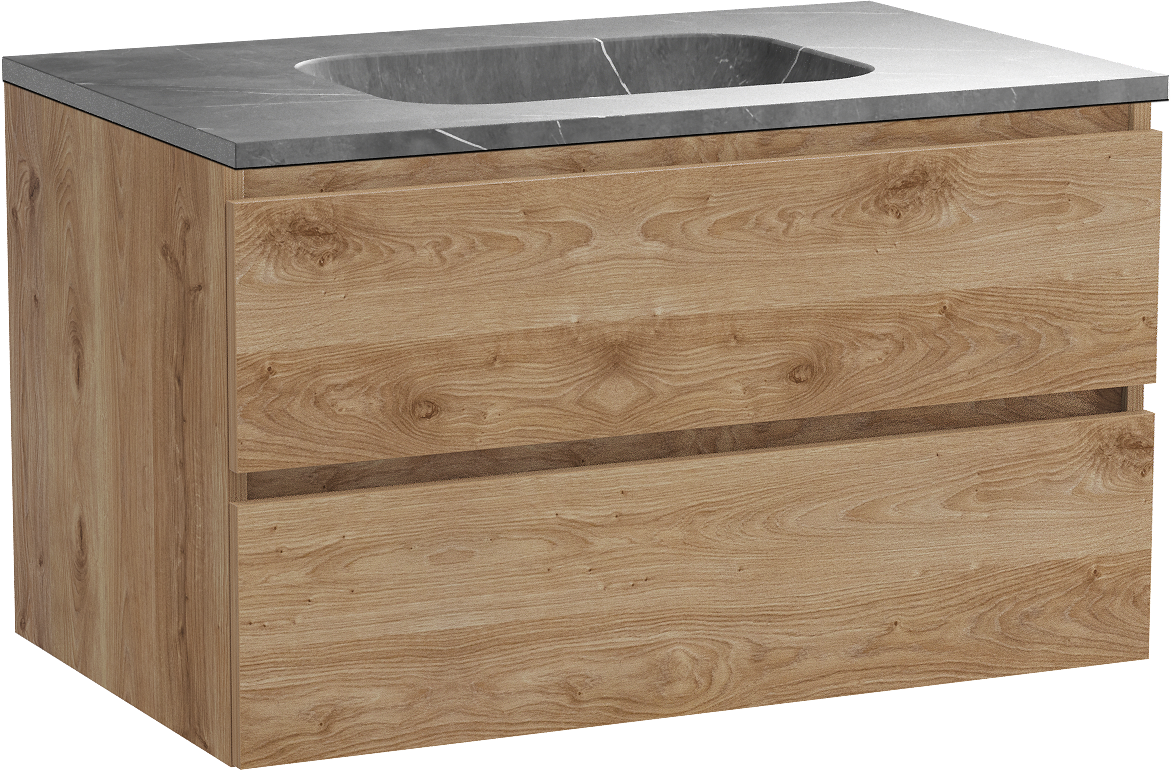 Balmani Lucida zwevend badkamermeubel 90 x 55 cm ruwe eik met Tablo Arcato enkele wastafel in marmer pietra grey