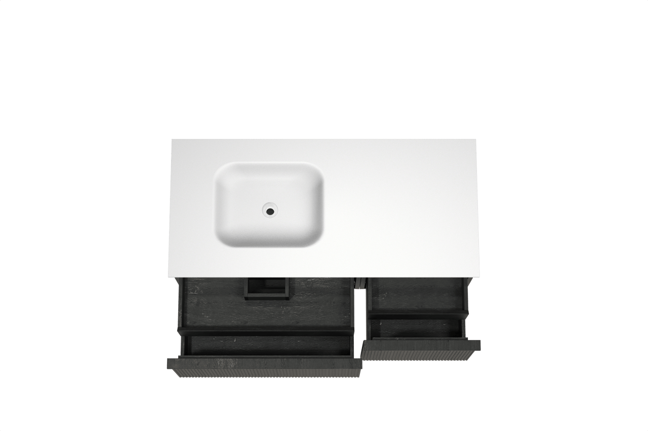 Balmani Forma hängendes Möbelstück Set: 120 x 55 cm, Schwarze Eiche, mit Tablo Arcato Waschtisch links, Solid Surface, Weiß matt, Vertikale symmetrische gerade Rippe