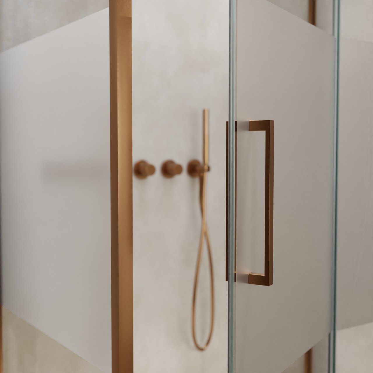 Balmani Senses Design douche en coin avec porte pivotante à droite et paroi latérale fixe, 100 x 100 cm, Verre transparent avec bande matte, Profil Brushed Rosegold