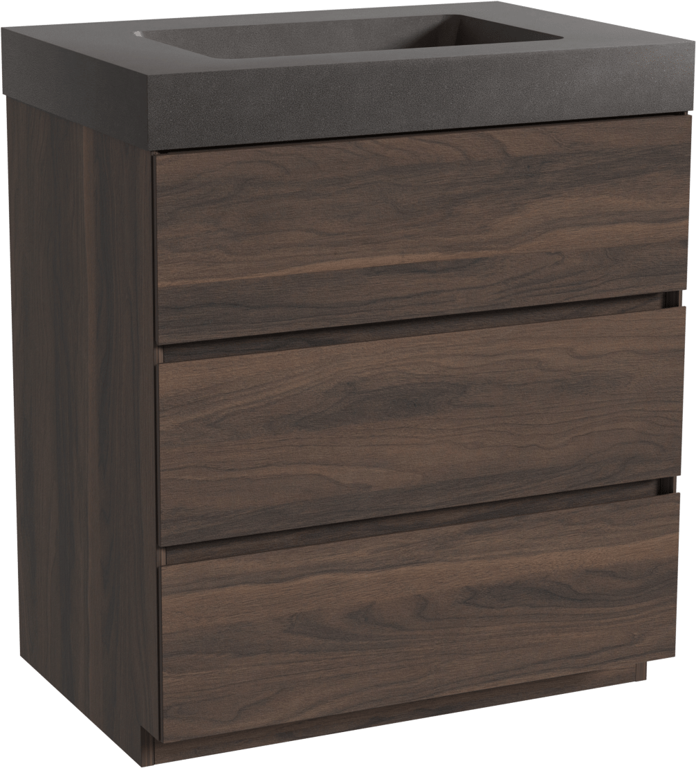 Storke Edge freistehendes Möbelstück Set: 75 x 52 cm, Nussbaum, mit Scuro High Einzelwaschtisch, Quarz Schwarz matt