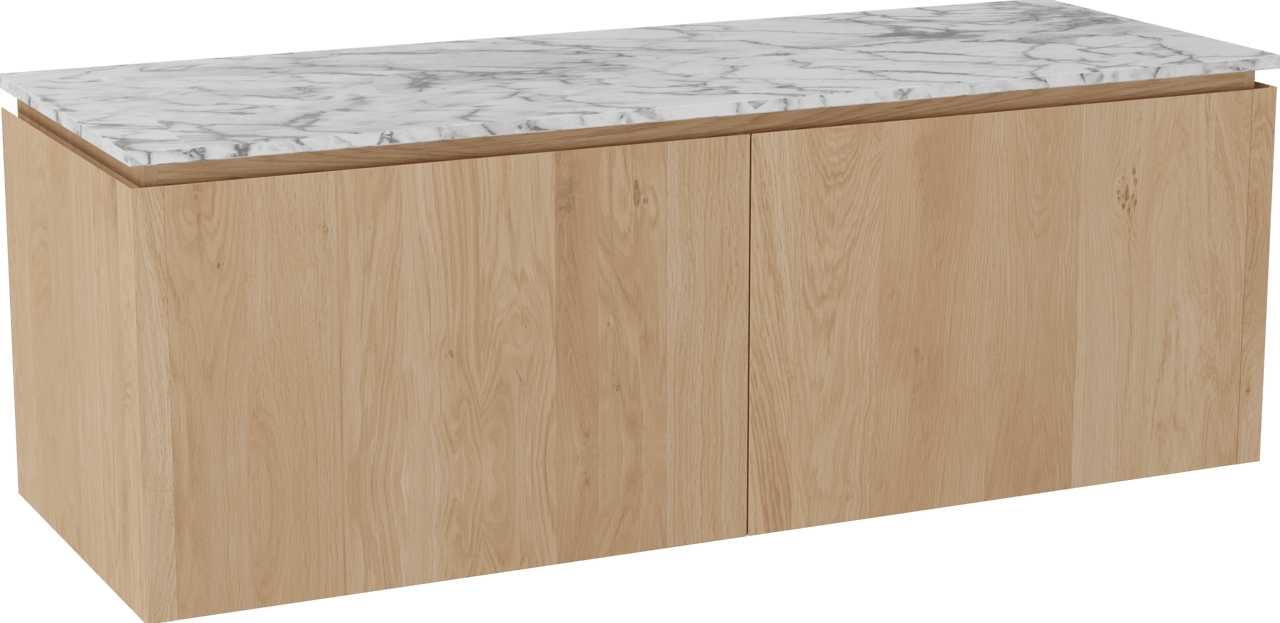 Balmani Eclips zwevend badkamermeubel 150 x 55 cm Natuur eik met Stretto enkel of dubbel tablet in Carrara marmer