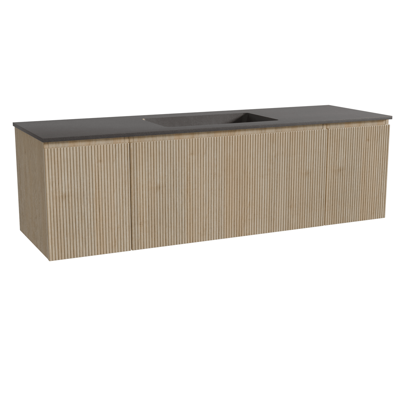 Storke Ribs hängendes Möbelstück Set: 165 x 52 cm, Rohe Eiche, mit Scuro Einzelwaschtisch, Quarz, Schwarz matt, Vertikale symmetrische gerade Rippe