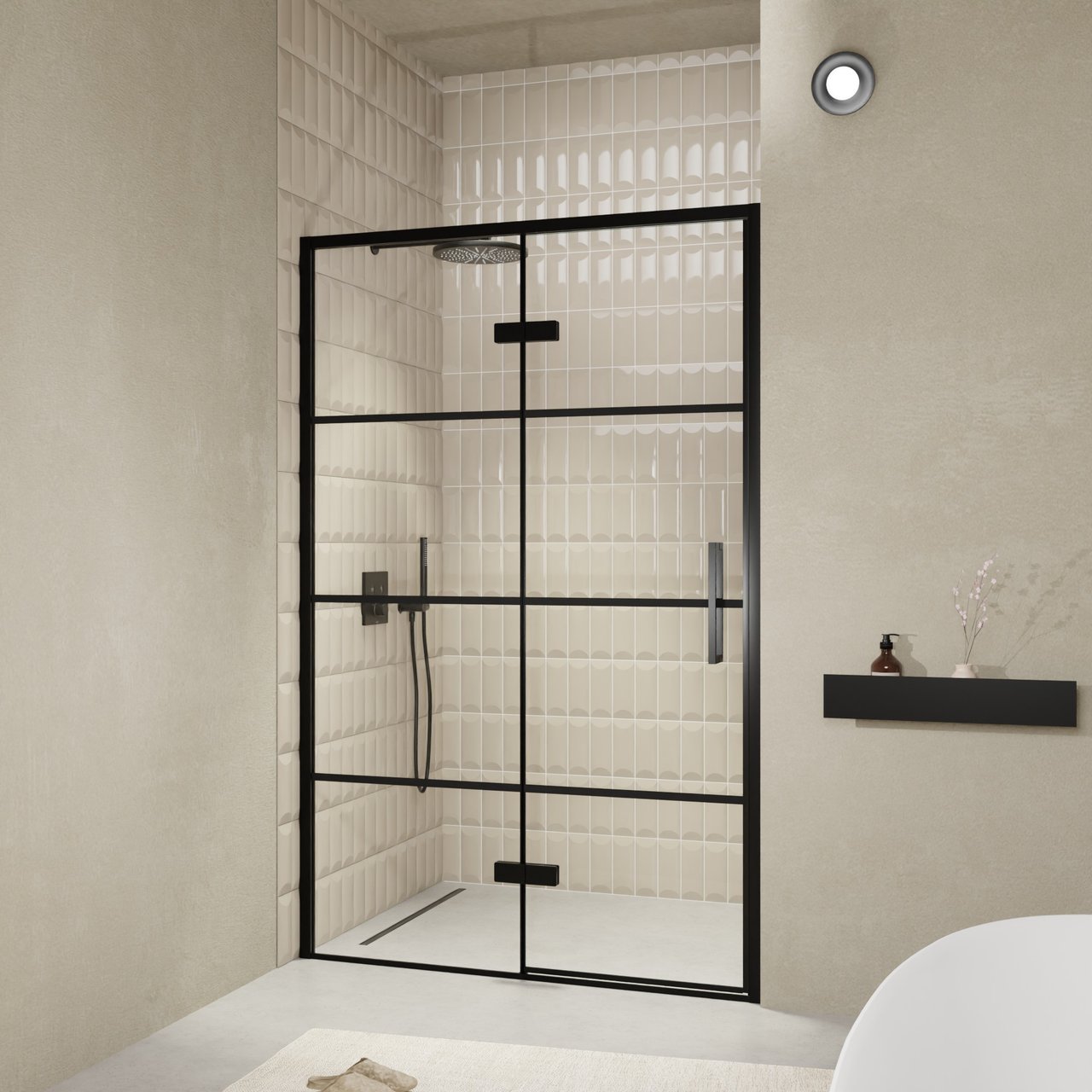 Balmani Senses Design douche draaideur links 140 cm x 210 cm Lined glas, Zwarte profielen, met coating