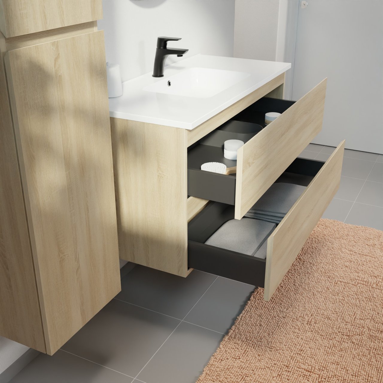 Linie Lado zwevend badmeubel 100 x 46 cm wit eiken met Vano enkele wastafel in composietmarmer hoogglans wit